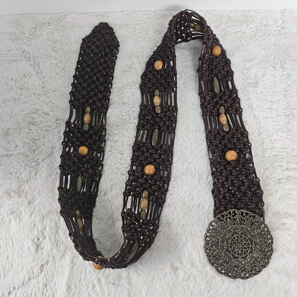 Brown Faux Leather Macrame Woven Beaded Belt Boho Retro Hippie 47"